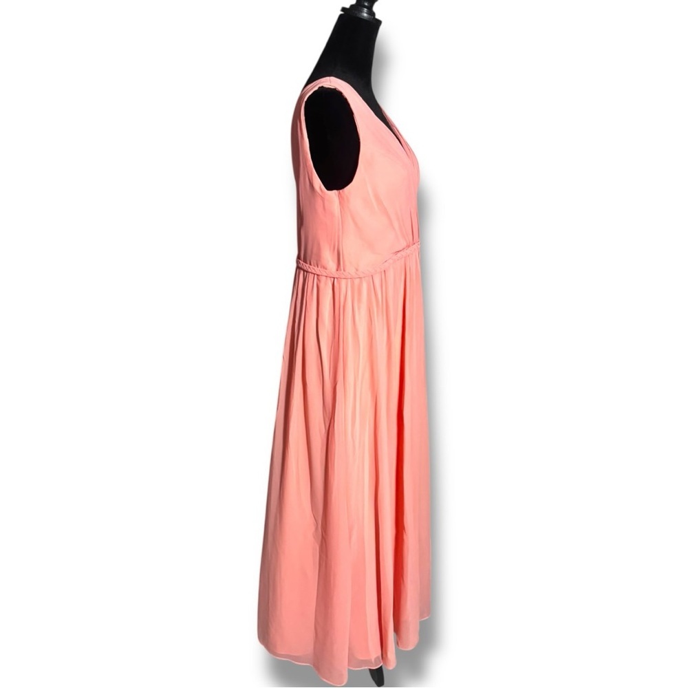 Azazie Coral Pink V-neck and Back High Slit Braided Waist Sleeveless Maxi Dress - Picture 7 of 16